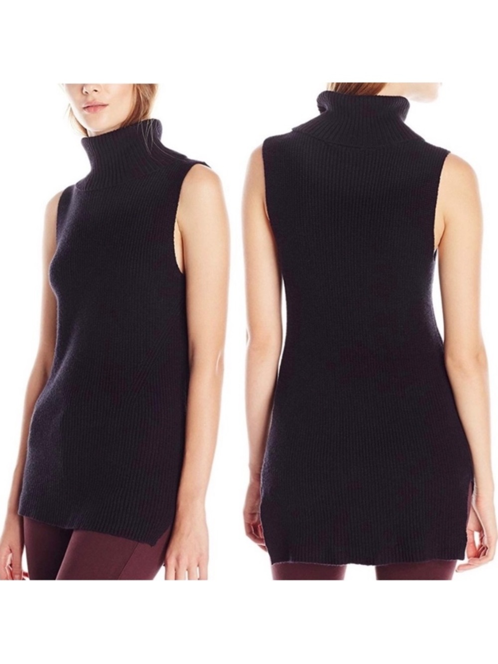 French Connection Sleeveless Turtleneck Knit Tunic Sweater Tank Top Black Ribbed